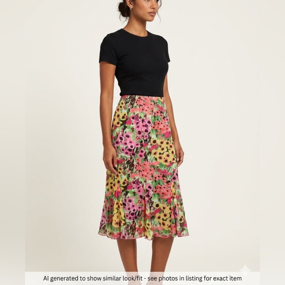 Floral A-Line Midi Skirt in Pink, Yellow & Green